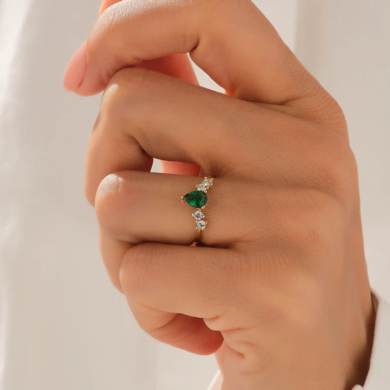 Solid Gold Pear Emerald Anniversary Ring