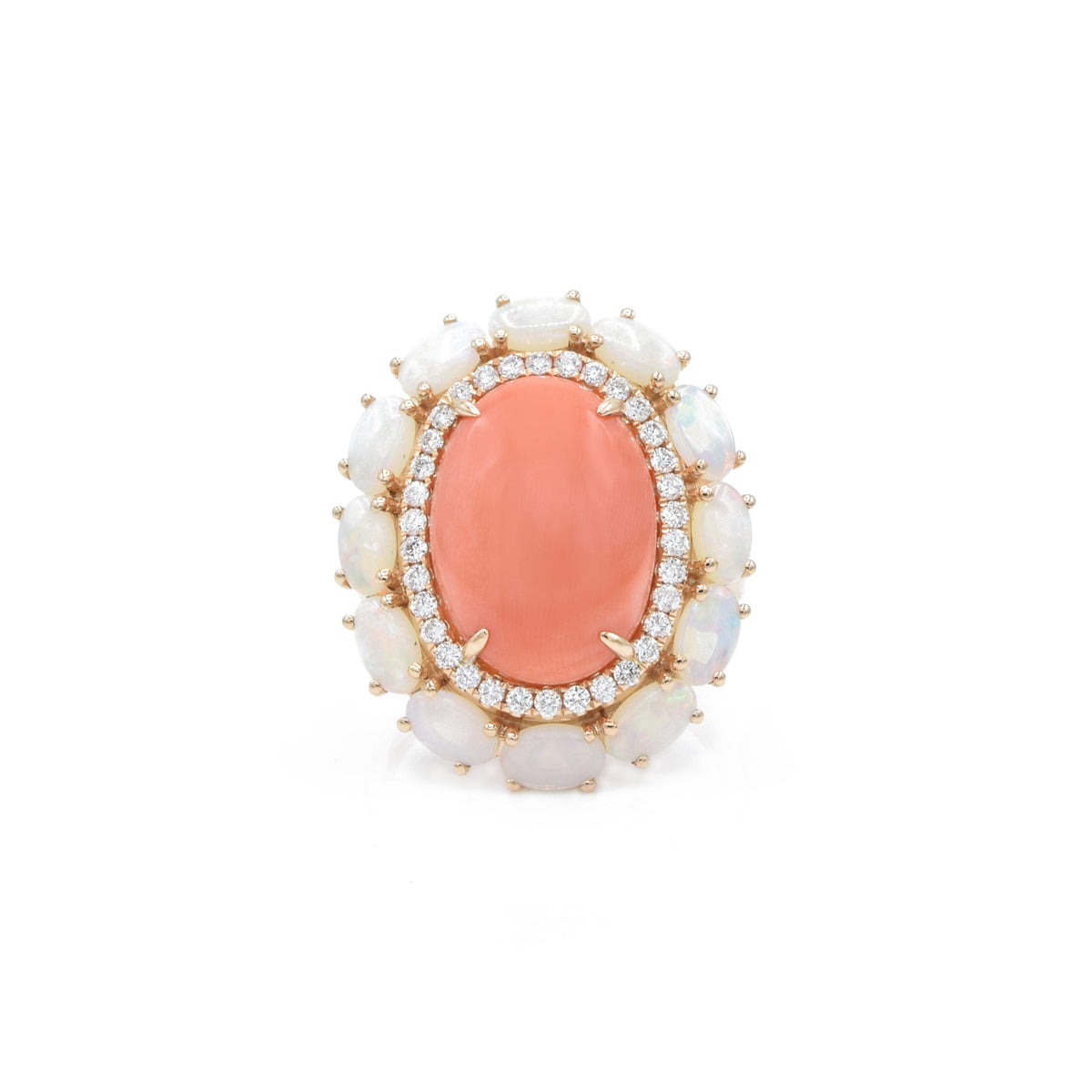 Solid Gold Coral and Opal, Diamond Ring (D9CCEC)
