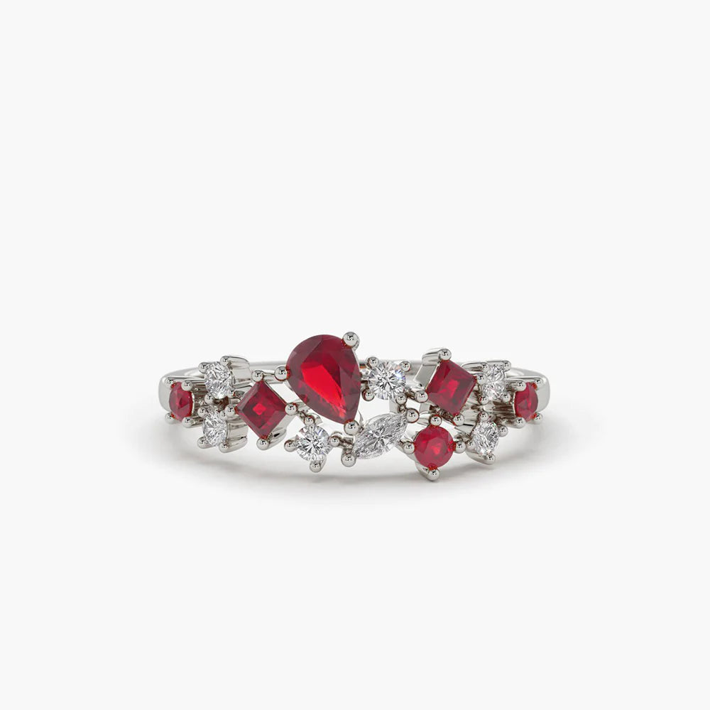 Solid Gold Ruby and Diamond Mixed Shape Cluster Ring