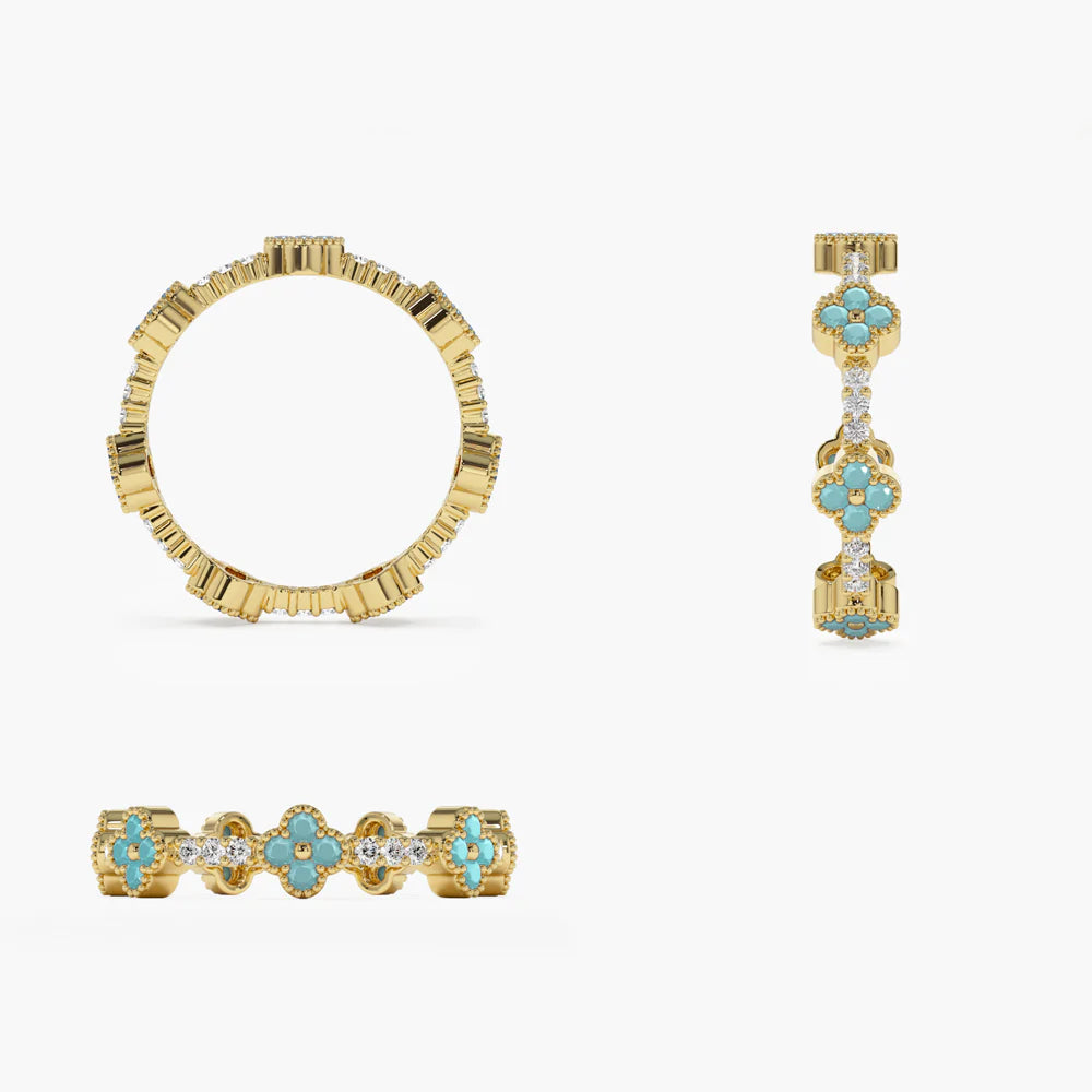 Solid Gold Full Eternity Clover Turquoise and Diamond Ring