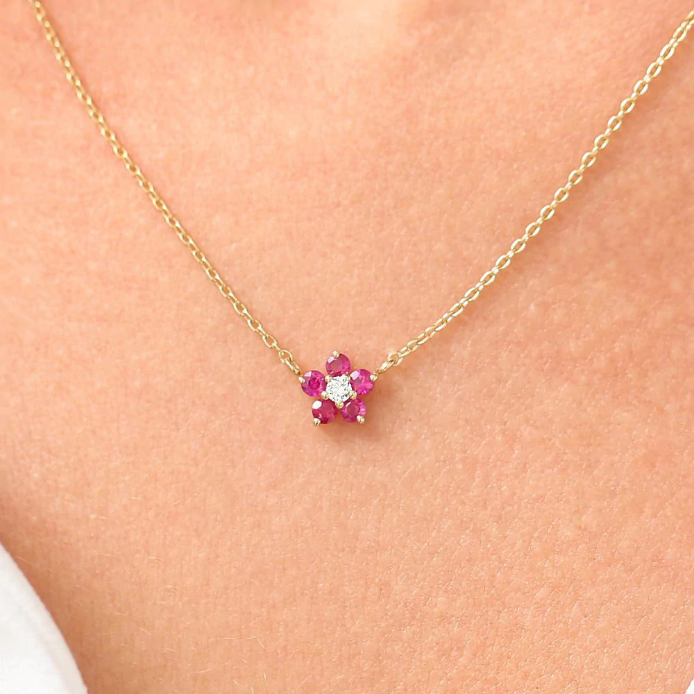 Solid Gold Ruby and Diamond Flower Charm Necklace