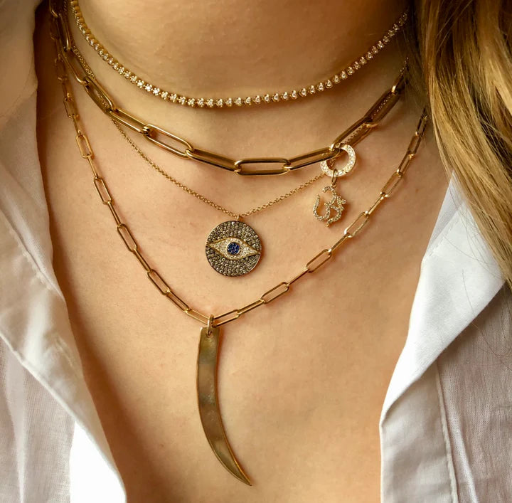 Solid Gold Diamond And Sapphire Evil Eye Medallion Necklace