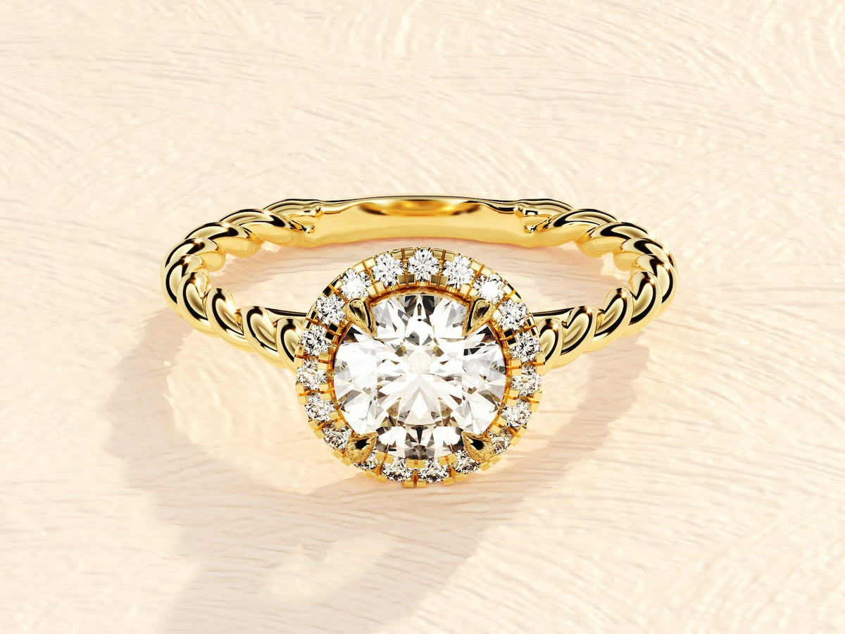 Gold Twisted Band 3ct Lab Grown Round Brilliant Diamond Engagement Halo Ring