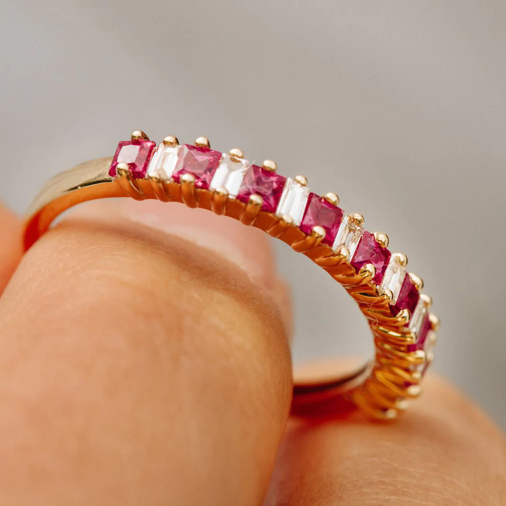Solid Gold Unique Princess Cut Ruby and Baguette Diamond Ring