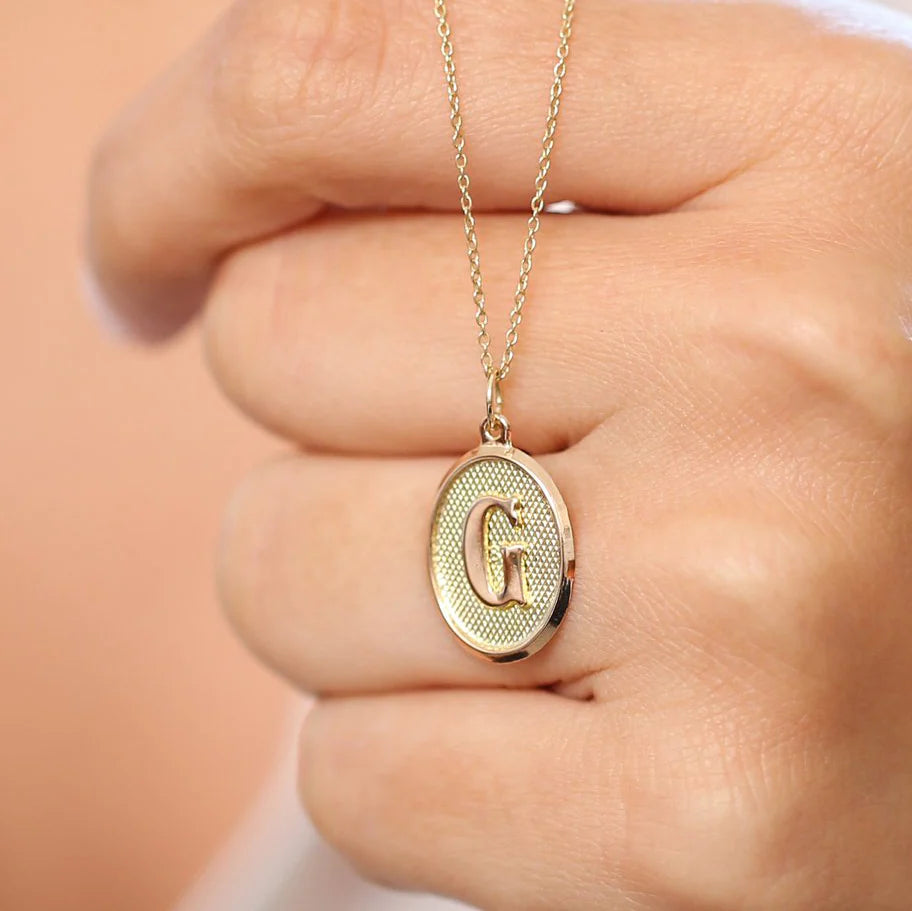Solid Gold Oval Medallion Initial Necklace