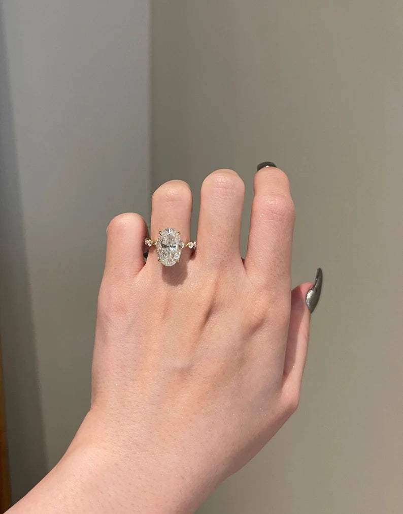 Solid Gold 7 Carat Brilliant Oval Cut Moissanite Ring