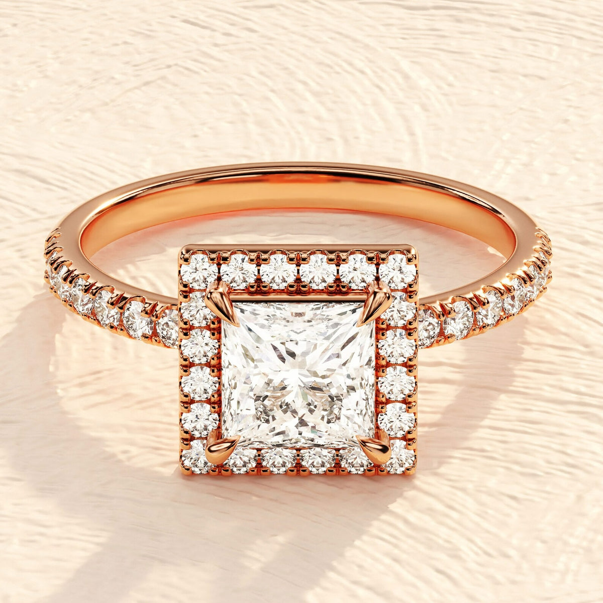 Gold Cushion Cut Halo Solitaire Ring 2 ct Lab Grown Diamond Engagement Ring