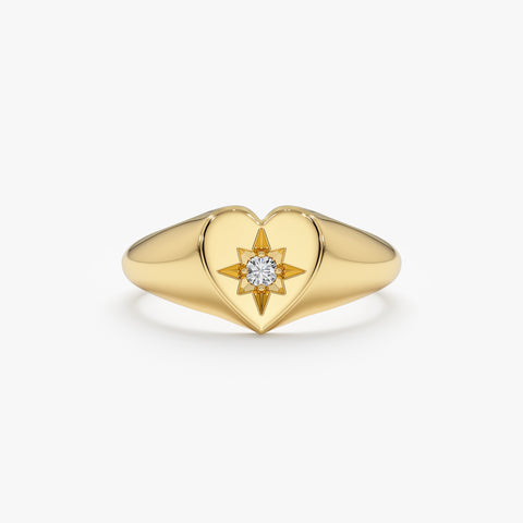 Solid Gold Diamond Starburst In Heart Signet Ring