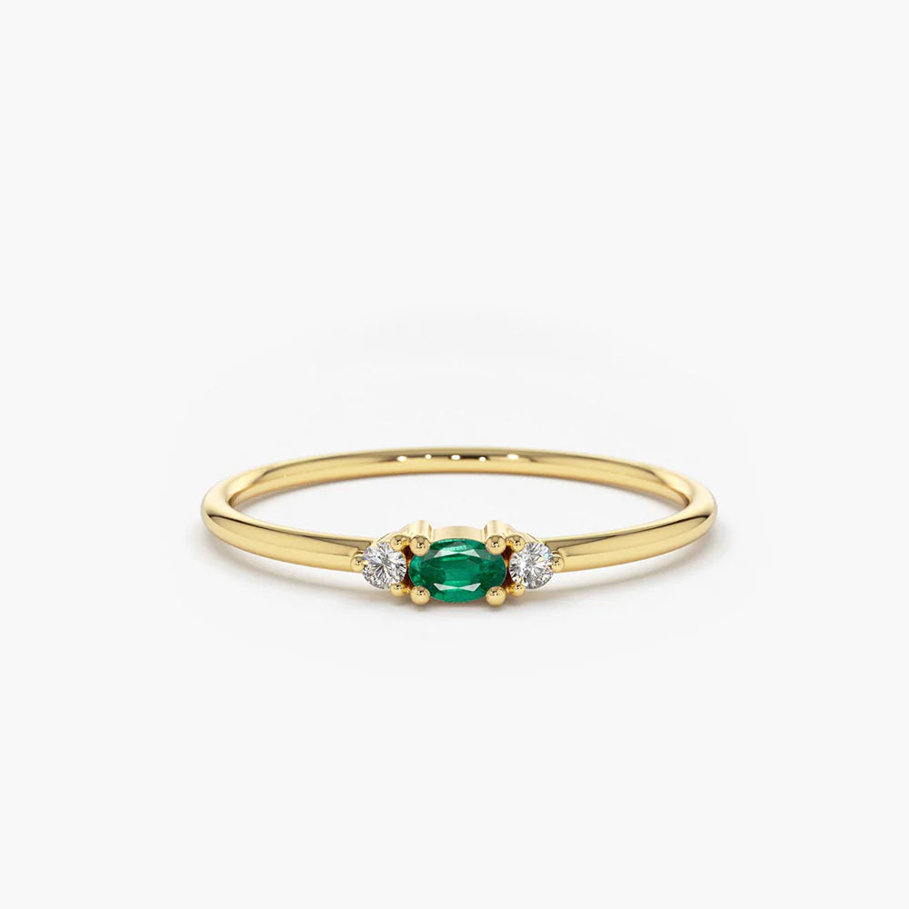 Solid Gold Mini Oval Emerald Ring with Diamonds Ring