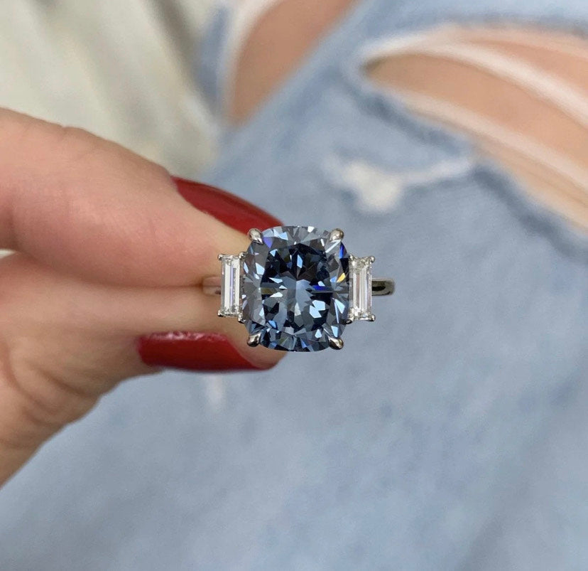 14K Solid Gold Blue Diamond Engagement Ring