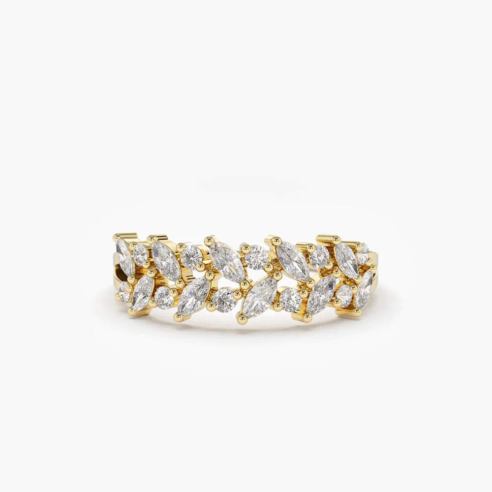 Solid Gold Two Row Marquise & Round Diamond Ring