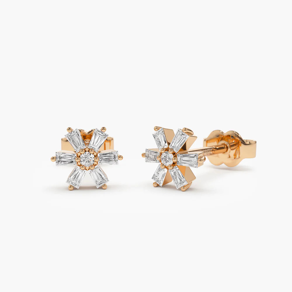 Solid Gold Mini Flower Baguette Diamond Earrings