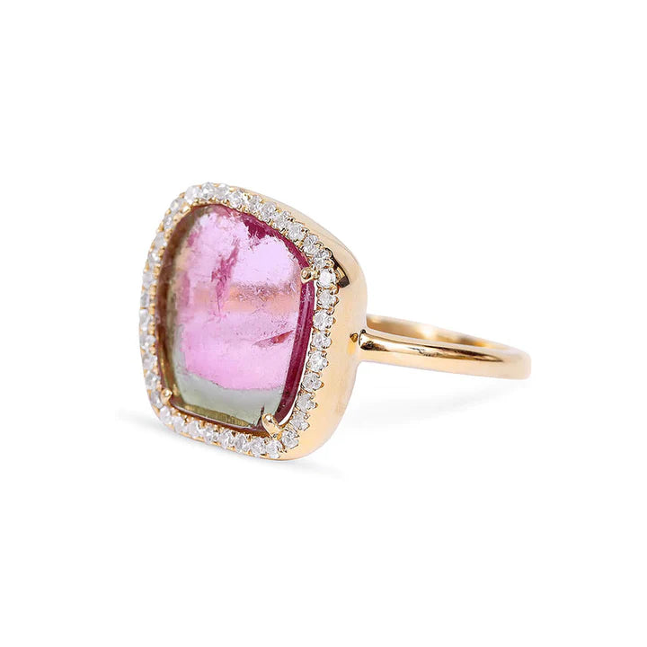 Solid Gold Sliced Watermelon Tourmaline Ring With Diamond Surround