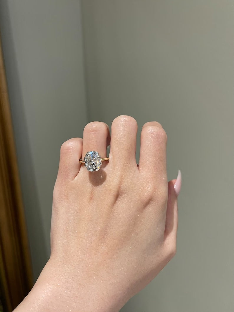 Solid Gold 6 Carat Brilliant Cushion Cut Moissanite Engagement Ring