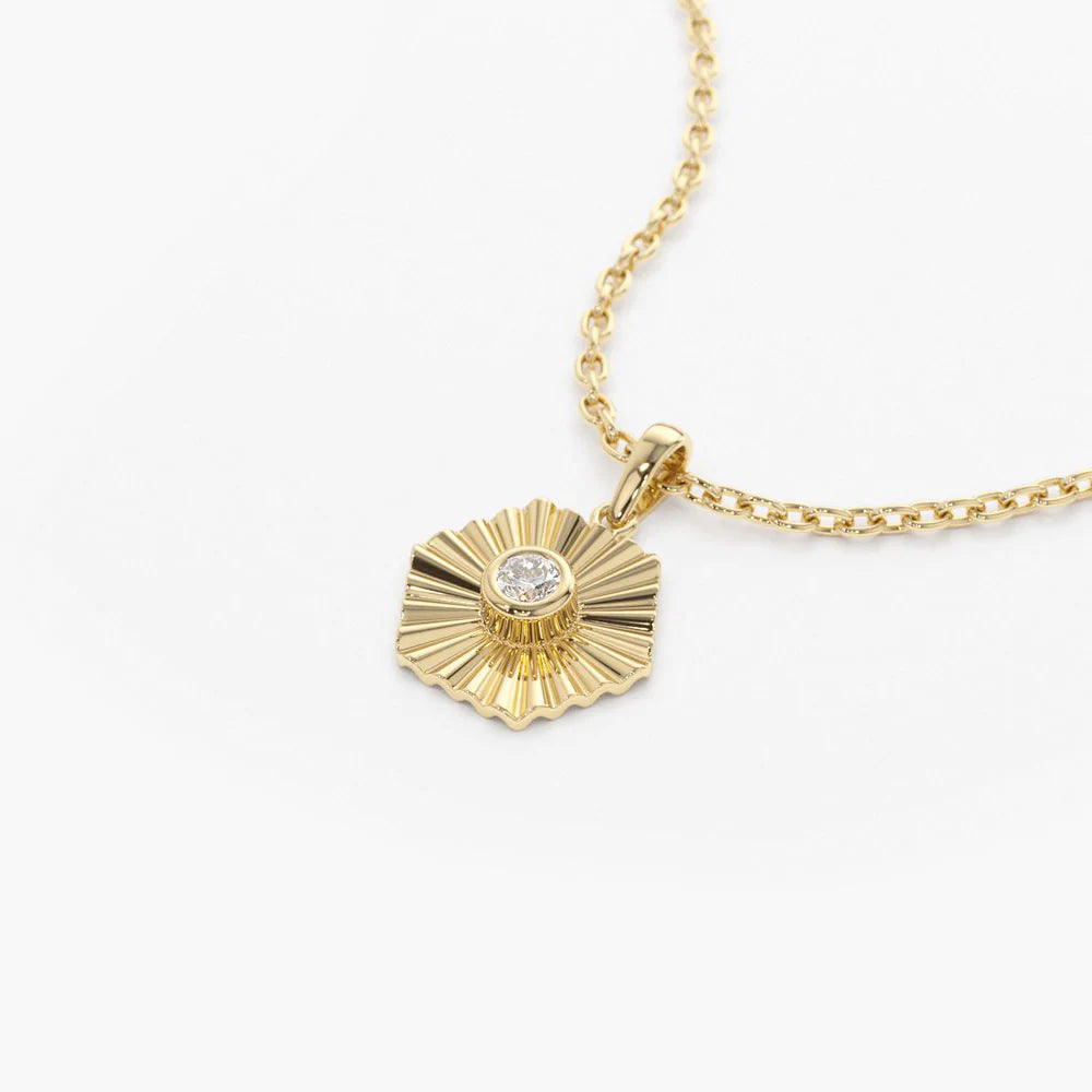 Solid Gold Hexagon Diamond Disc Ray Necklace