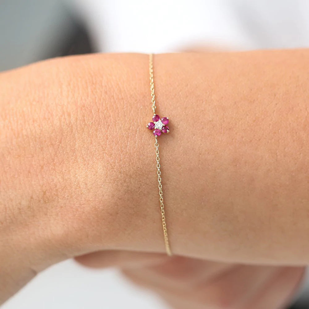 Solid Gold Ruby and Diamond Flower Charm Bracelet