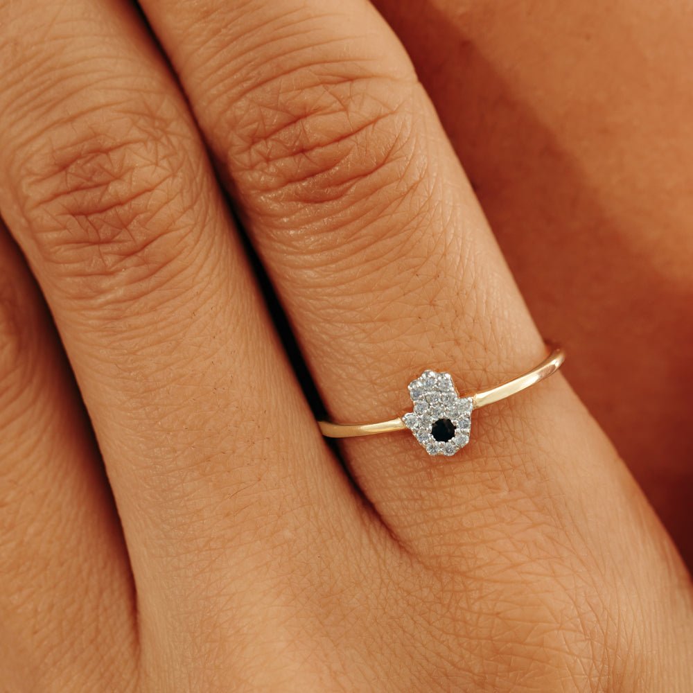 14K Solid Gold Diamond and Sapphire Hamsa Ring