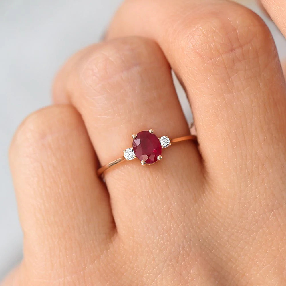 Solid Gold Oval Shape Ruby and Diamond 3 Stone Ring (89DC36)