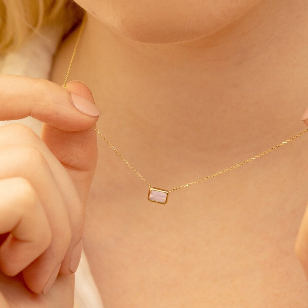 Solid Gold Emerald Cut Rose Quartz Necklace