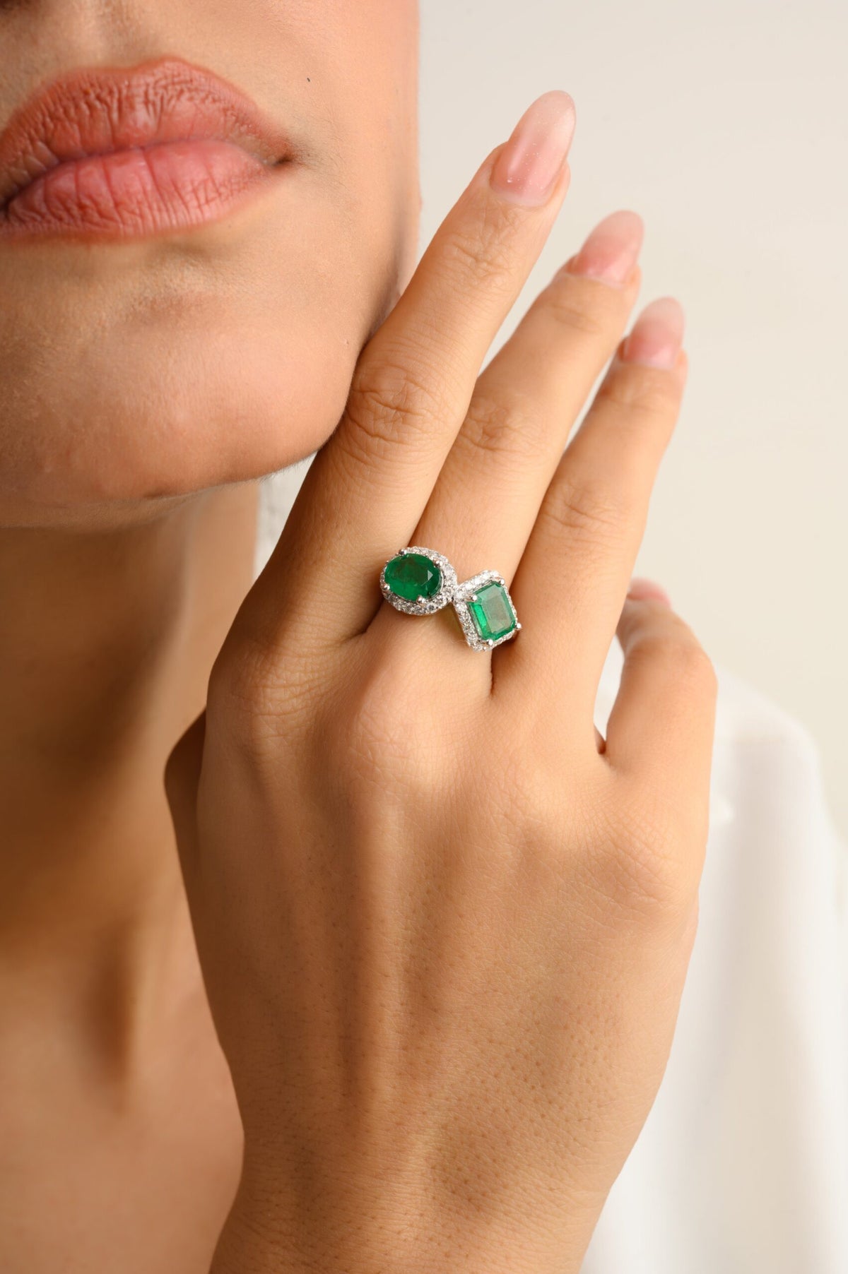 Solid Gold Emerald Diamond Toi et Moi Ring (DB7CA9)
