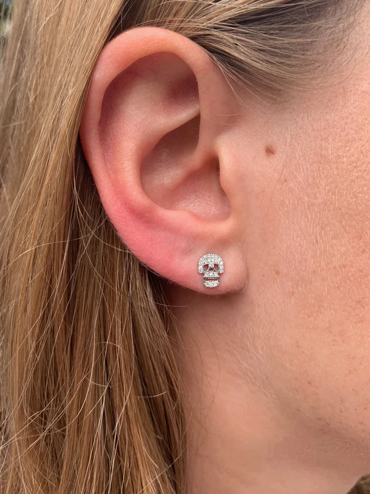 Solid Gold White Diamond Skull Earrings