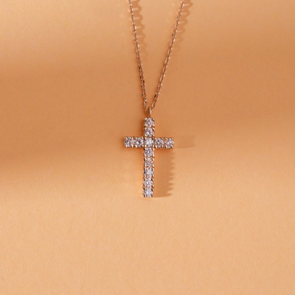 Solid Gold Diamond Paved Cross Necklace (6E02F7)