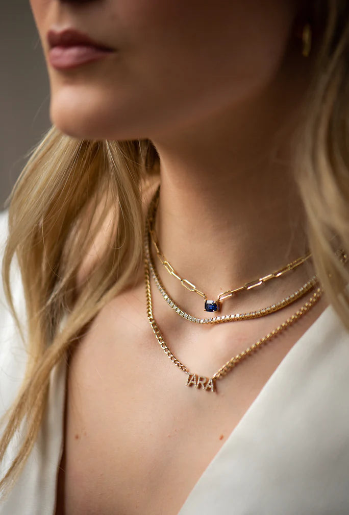 Solid Gold Sapphire Paperclip Necklace