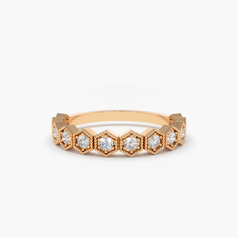 Solid Gold Hexagon Diamond Wedding Band