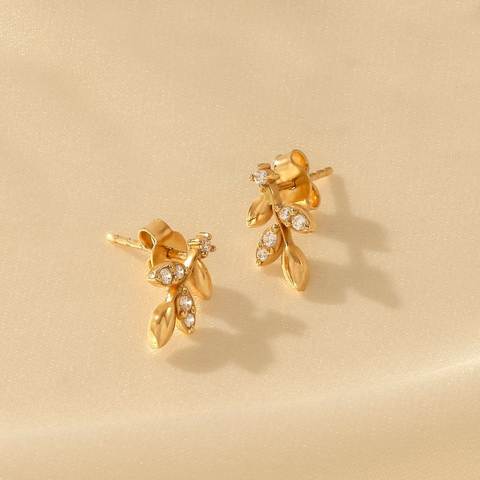 Solid Gold Diamond Leaf Gold Earring