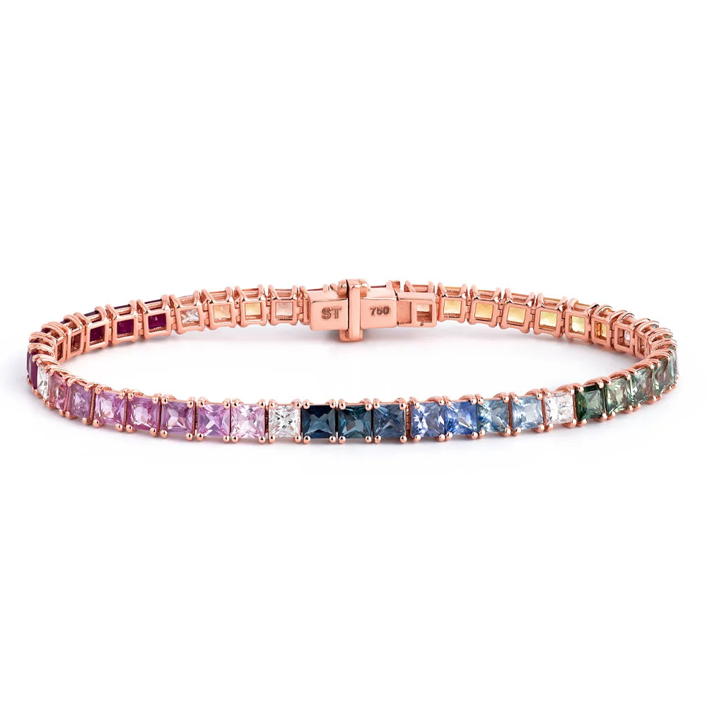 Solid Gold Rose Gold Princess Cut Rainbow Sapphire Tennis Bracelet