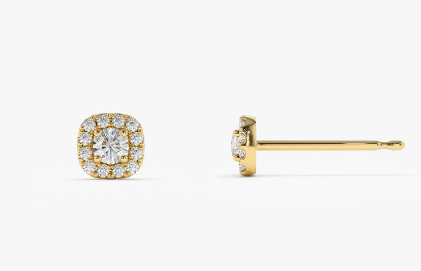 Solid Gold Halo Moissanite Diamond Studs