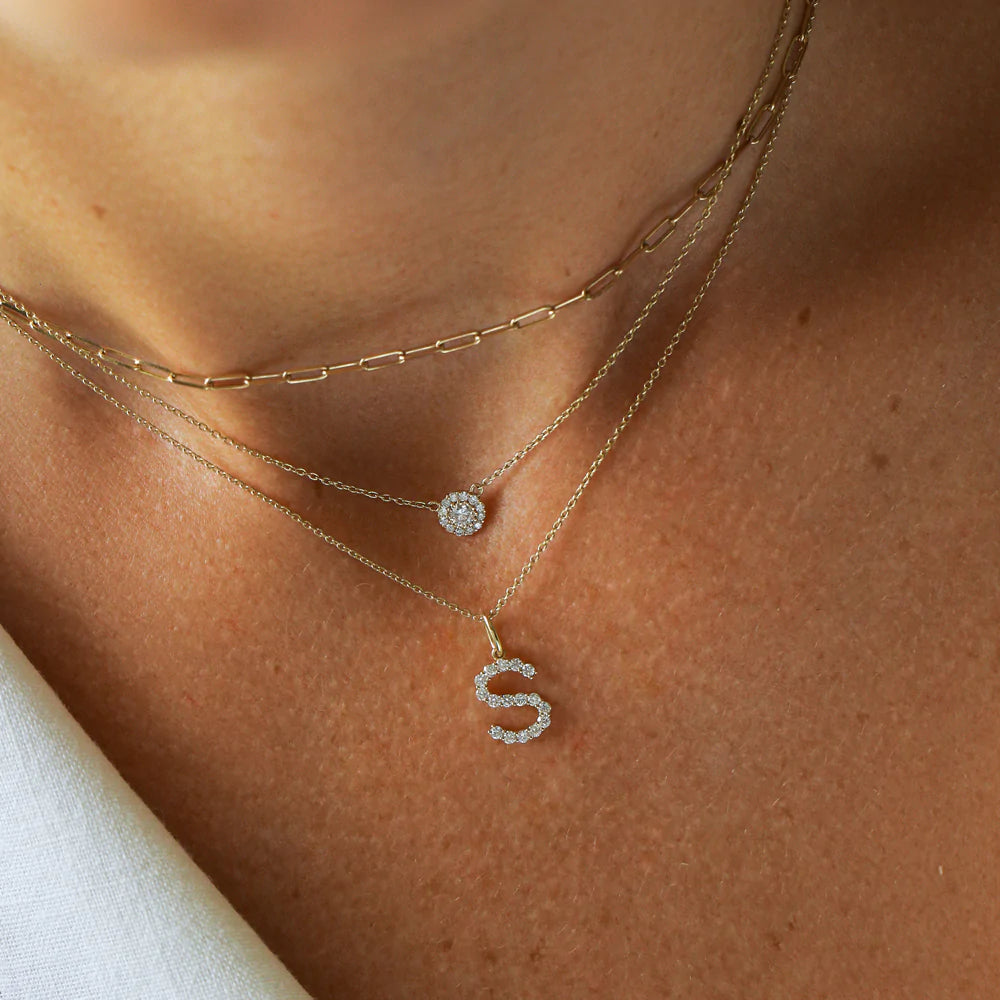 Solid Gold Medium Size Diamond Initial Necklace