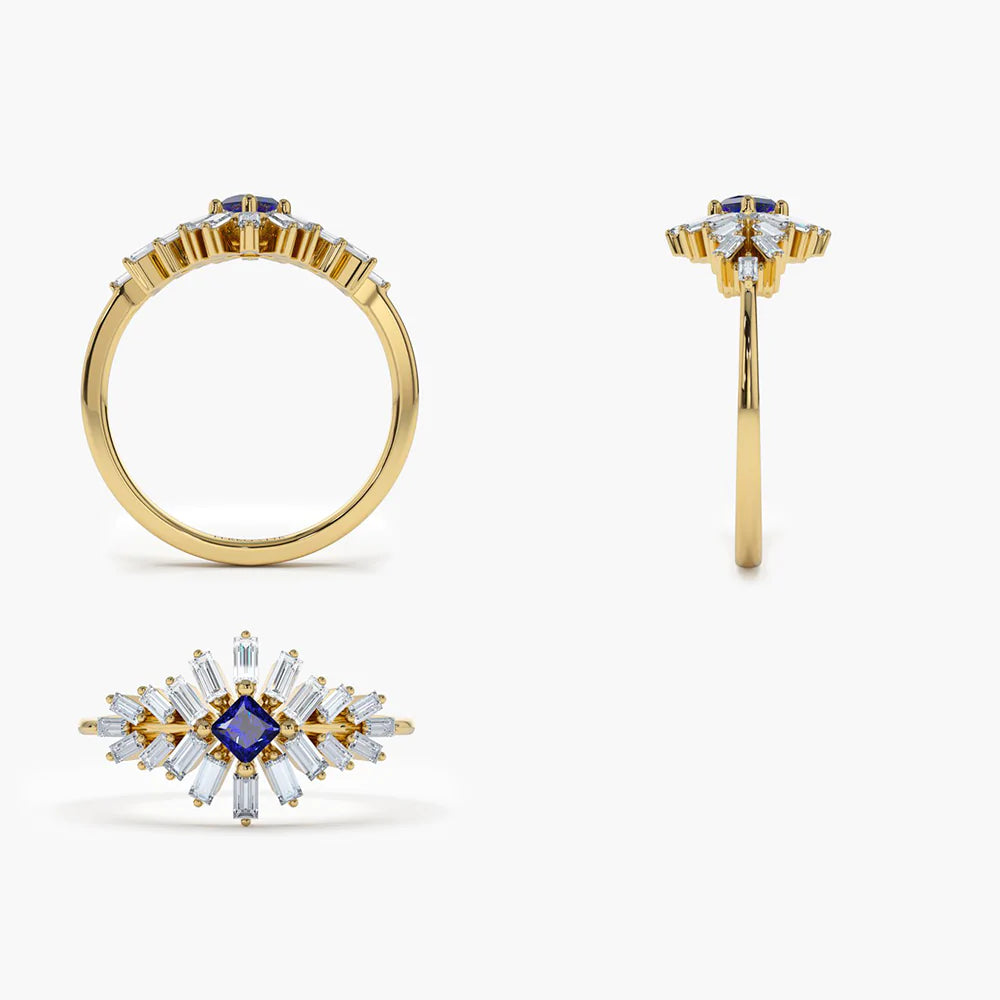 Solid Gold Baguette Diamond Ring with Square Sapphire