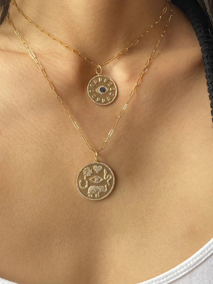 Solid Gold Baguette Diamond and Sapphire Evil Eye Talisman