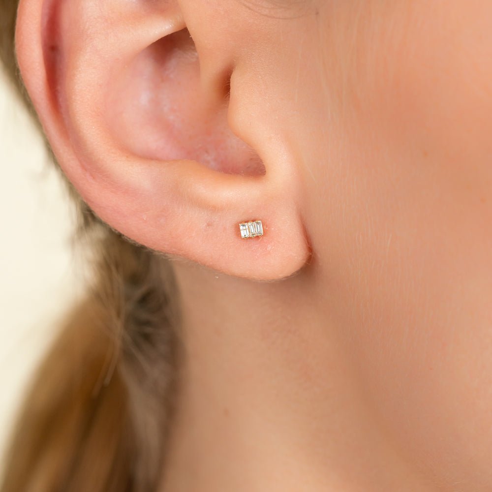 Solid Gold Triple Baguette Diamond Studs