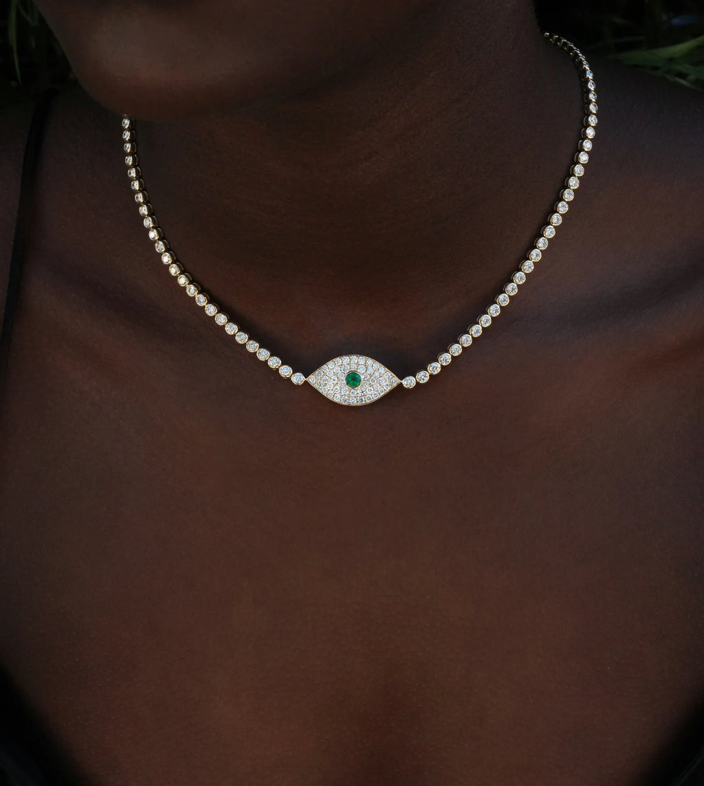 Solid Gold Diamond Evil Eye Choker With Emerald Eye