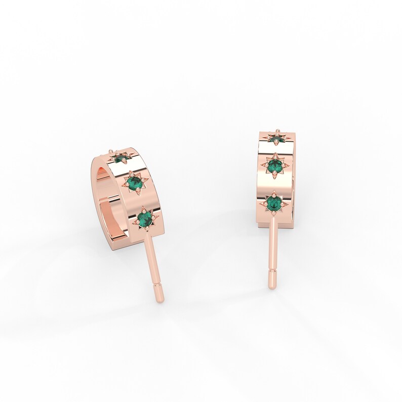 Solid Gold 1.5 MM wide Hoop Natural Emerald earrings