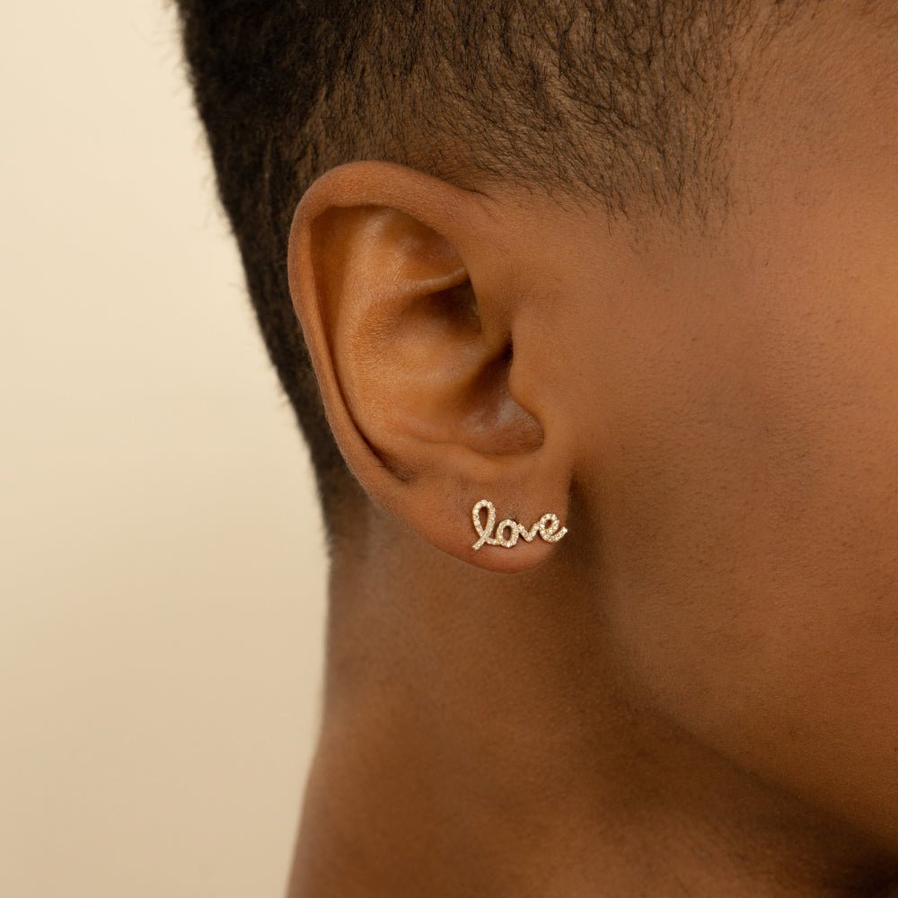 Solid Gold Love Script Diamond Studs