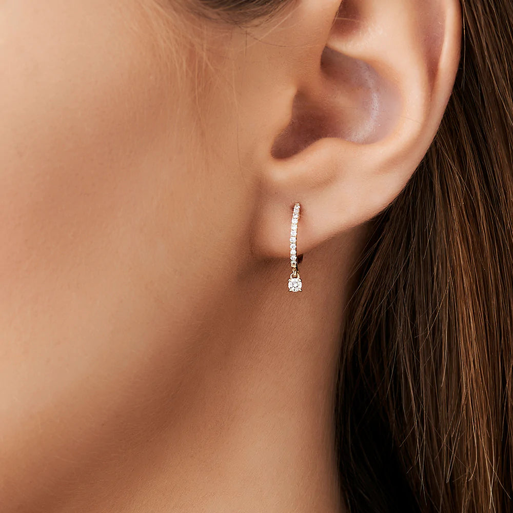 Solid Gold Diamond Huggies with a Dangling Round Lab-Grown Diamond Earrings