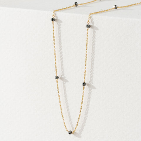 18K Solid Gold Black Diamond Station Necklace - Style B