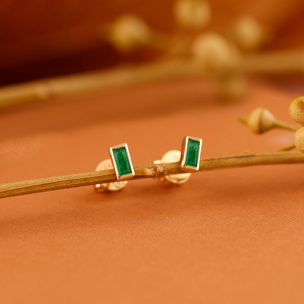 Solid Gold Emerald Baguette Studs
