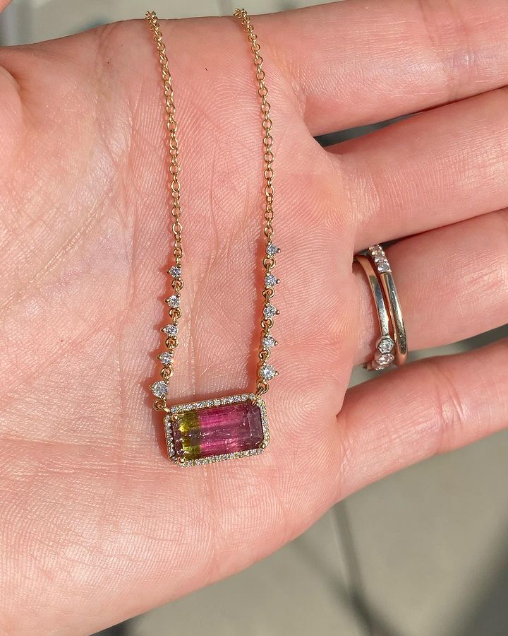 Solid Gold Watermelon Tourmaline Diamond Necklace