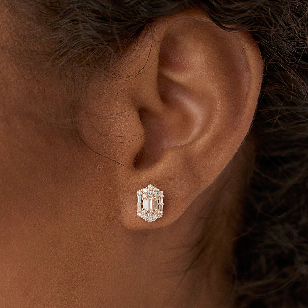 Solid Gold Baguette & Round Diamond Hexagon Studs