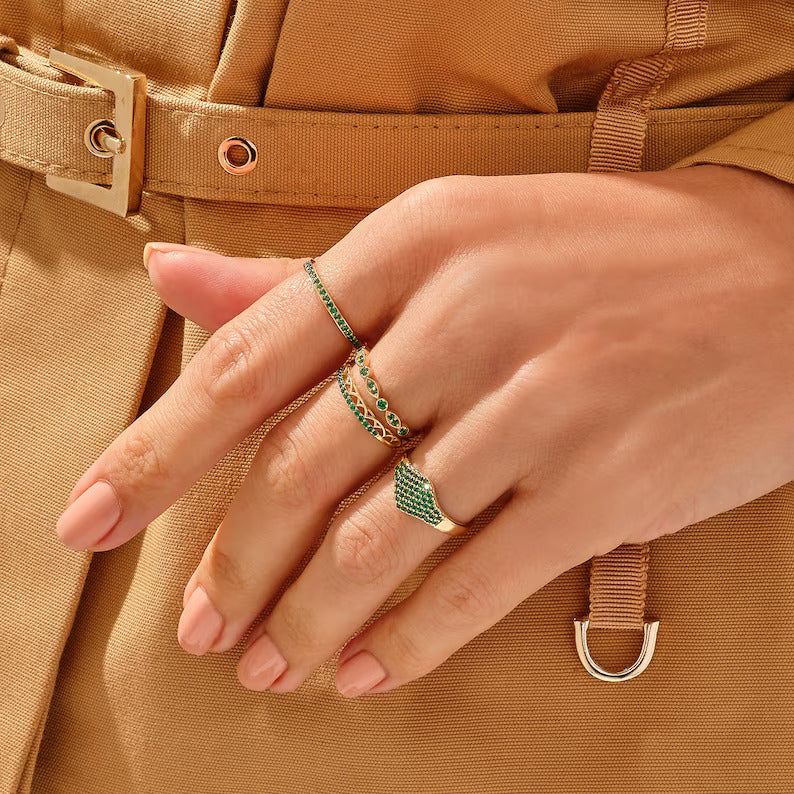 Solid Gold Emerald Celtic Wedding Band Ring
