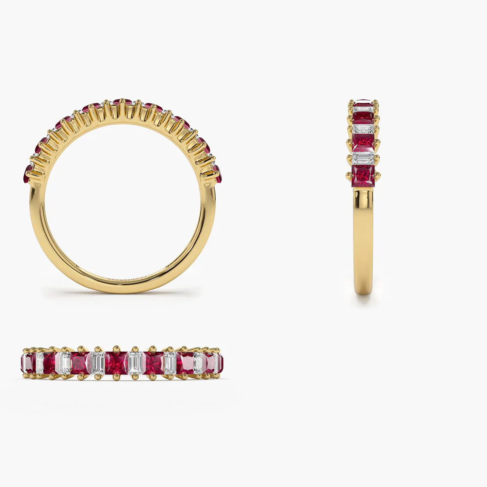 Solid Gold Unique Princess Cut Ruby and Baguette Diamond Ring