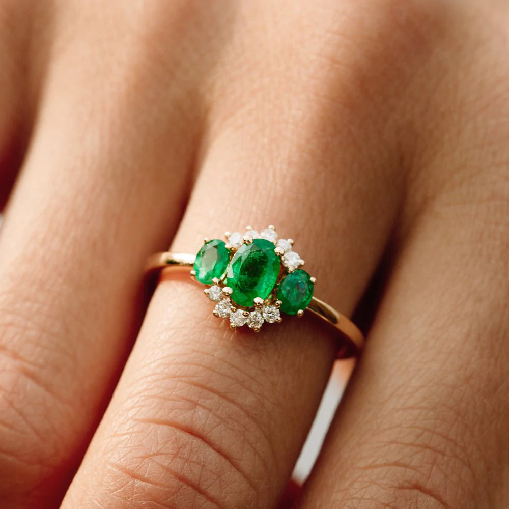 Solid Gold Three Stone Emerald Cluster Ring