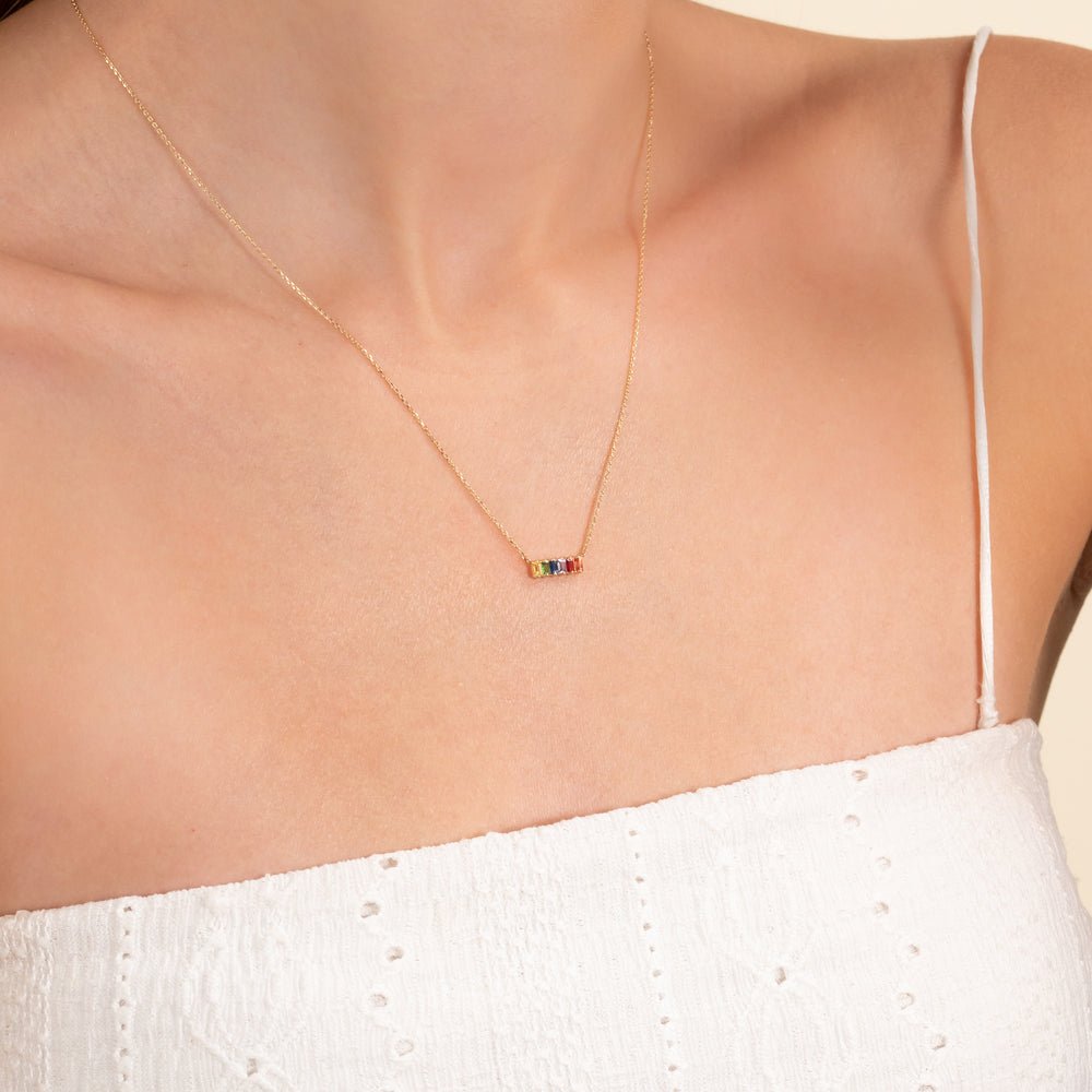 Solid Gold Rainbow Sapphire Bar Necklace (0097DF)