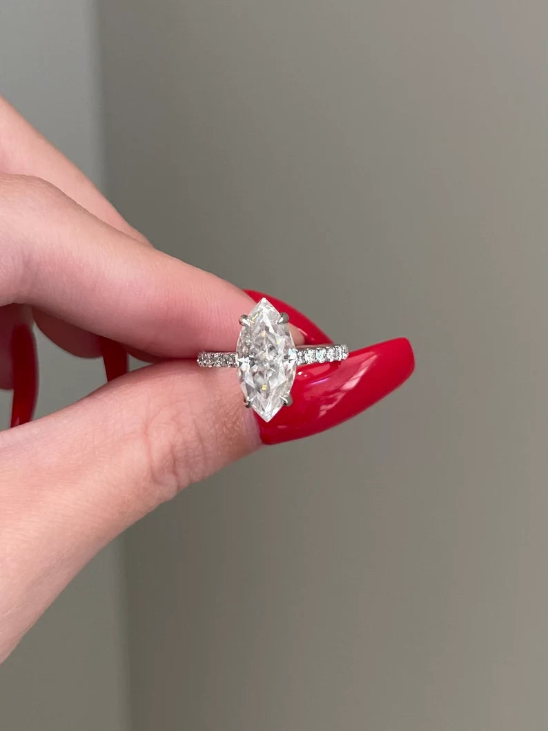 Solid Gold 4 Carat Marquise Cut Moissanite Engagement Ring (96555B)
