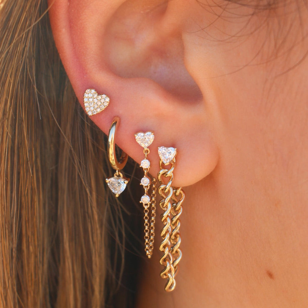 Solid Gold Diamond Heart Chain Loop Earring
