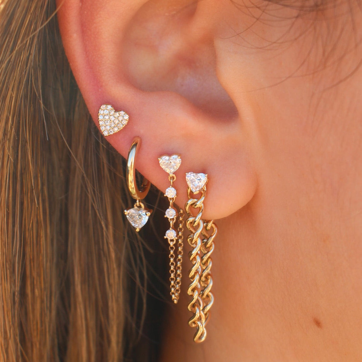 Solid Gold Diamond Heart Chain Loop Earring
